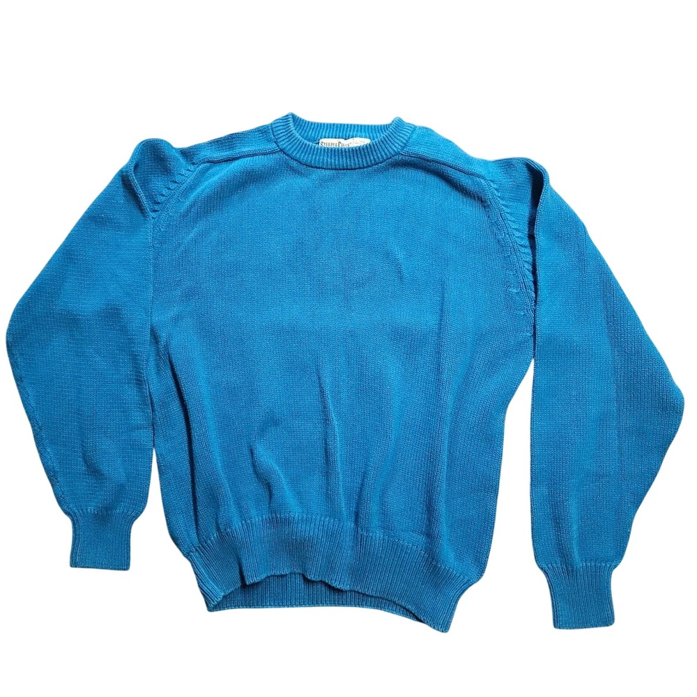 Steeplechase Cotton Sweater Turquoise Blue Shaker Knit Crew Neck Vintage Preppy